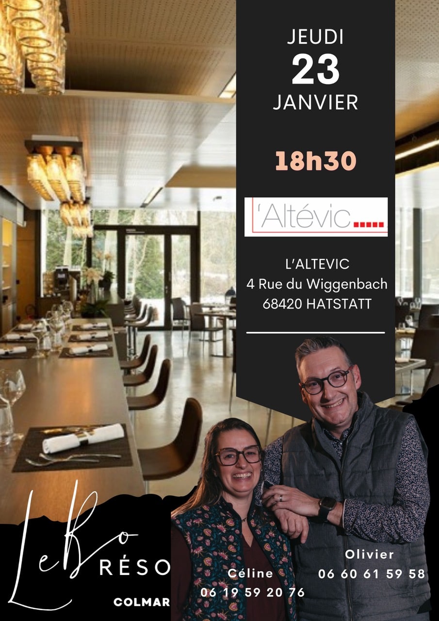Affiche annonçant la soirée Bo Réso du jeudi 23 janvier à 18h30 à L’Altevic, Hatstatt (près de Colmar), avec les membres organisateurs Céline et Olivier.